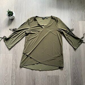 Nina Leonard Olive Green V-Neck Blouse with Open Sleeve Detail